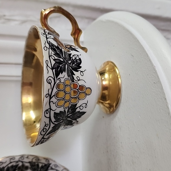 Black Gold Rosina Teacup and Saucer, Floral Teacup gold grapes - Picture 3 of 9